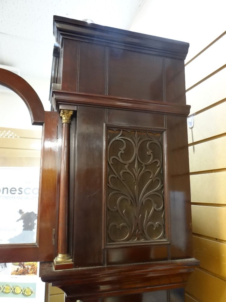 A GOOD EDWARDIAN INLAID MAHOGANY LONGCASE CLOCK having a filigree brass and silvered dial bearing - Image 17 of 20