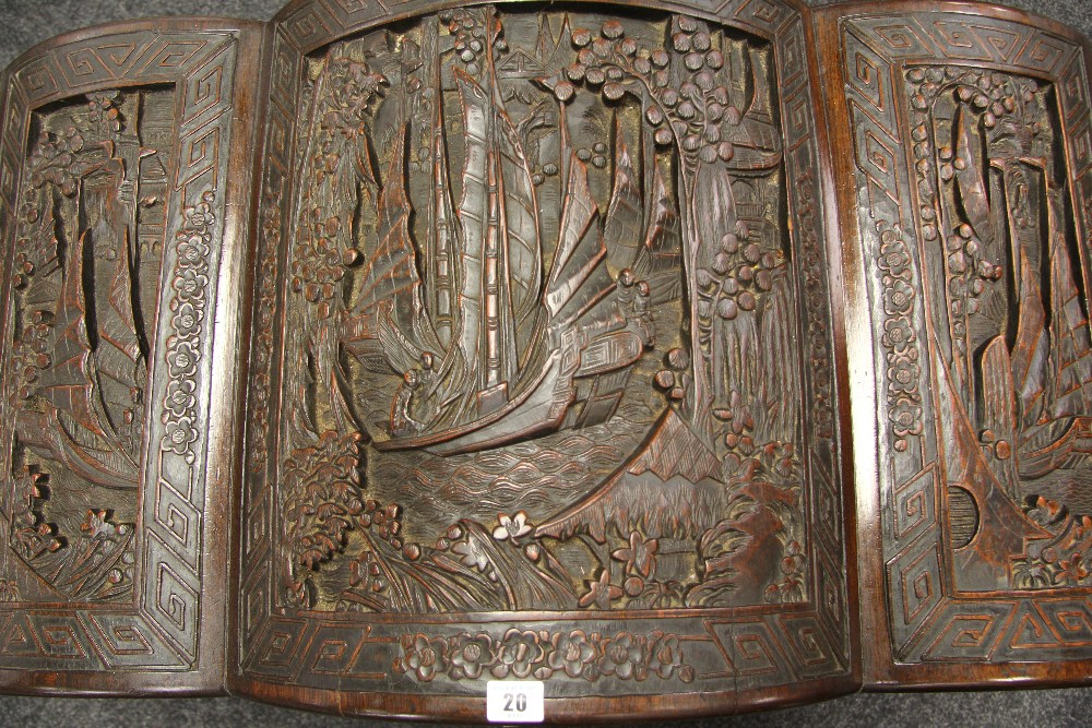 A GOOD CAMPHORWOOD ORIENTAL CHEST of tri-form and having deeply carved panels depicting sailing - Image 3 of 5