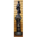 A BLACK POTTERY FURNISHING FLOOR FIGURINE ON PEDESTAL