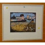 SUSAN SANDS limited edition (3/9) colour etching - entitled 'Gull Talk, Tenby Harbour', 37 x