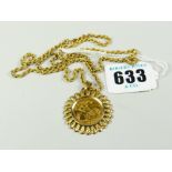1982 GOLD HALF SOVEREIGN PENDANT ON 9 CARAT GOLD CHAIN in associated box 9.6 grams approx.