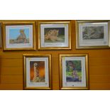 SET OF FIVE ANIMAL PRINTS limited edition coloured prints of animals, signed in pencil