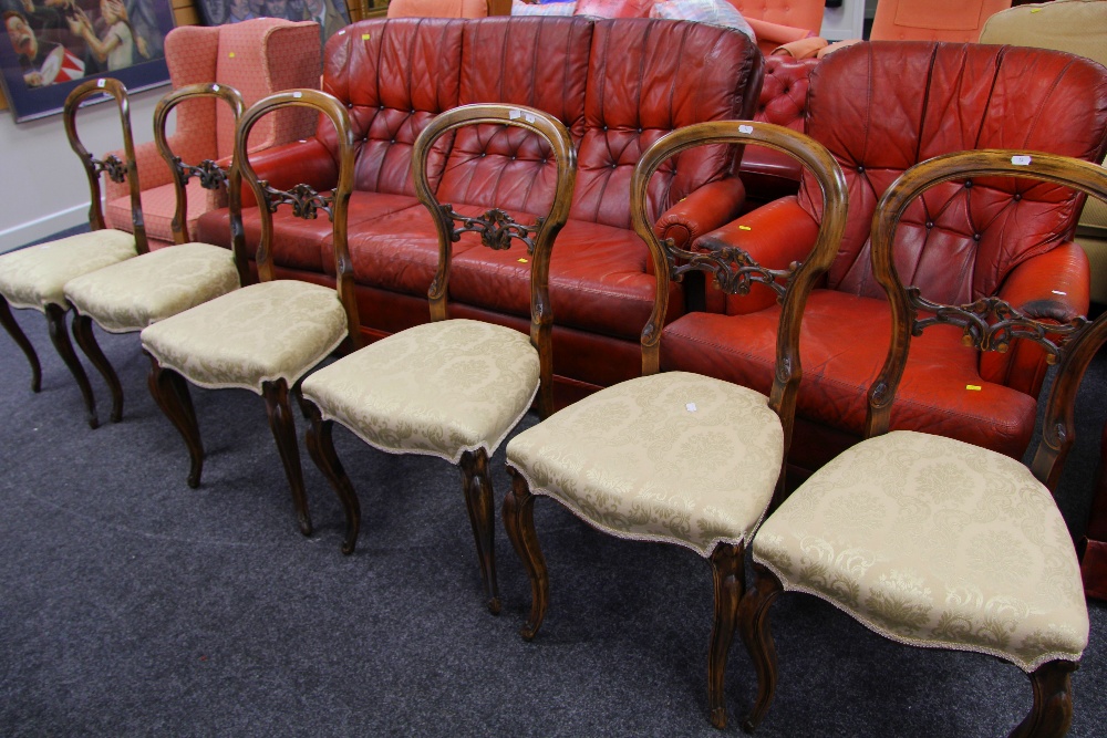 A GOOD SET OF ANTIQUE BALLOON-BACK CHAIRS having delicate carved frames and matching upholstery to