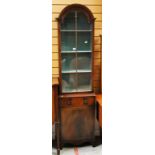A NARROW MAHOGANY BOOKCASE CUPBOARD having a domed top and sectional glazed upper door, centre
