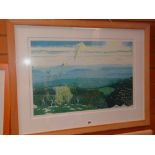 A CHOUDLURI (sp?) coloured etching - landscape with kite afloat, entitled 'Walking the Dog', signed,