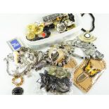 COSTUME JEWELLERY, A SMALL TUB CONTAINING earrings, necklaces, bar brooches, butterfly bookmarks ETC