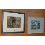 INDISTINCTLY SIGNED watercolours, a pair - town scenes with figures 19 x 22cms and 17 x 21cms (