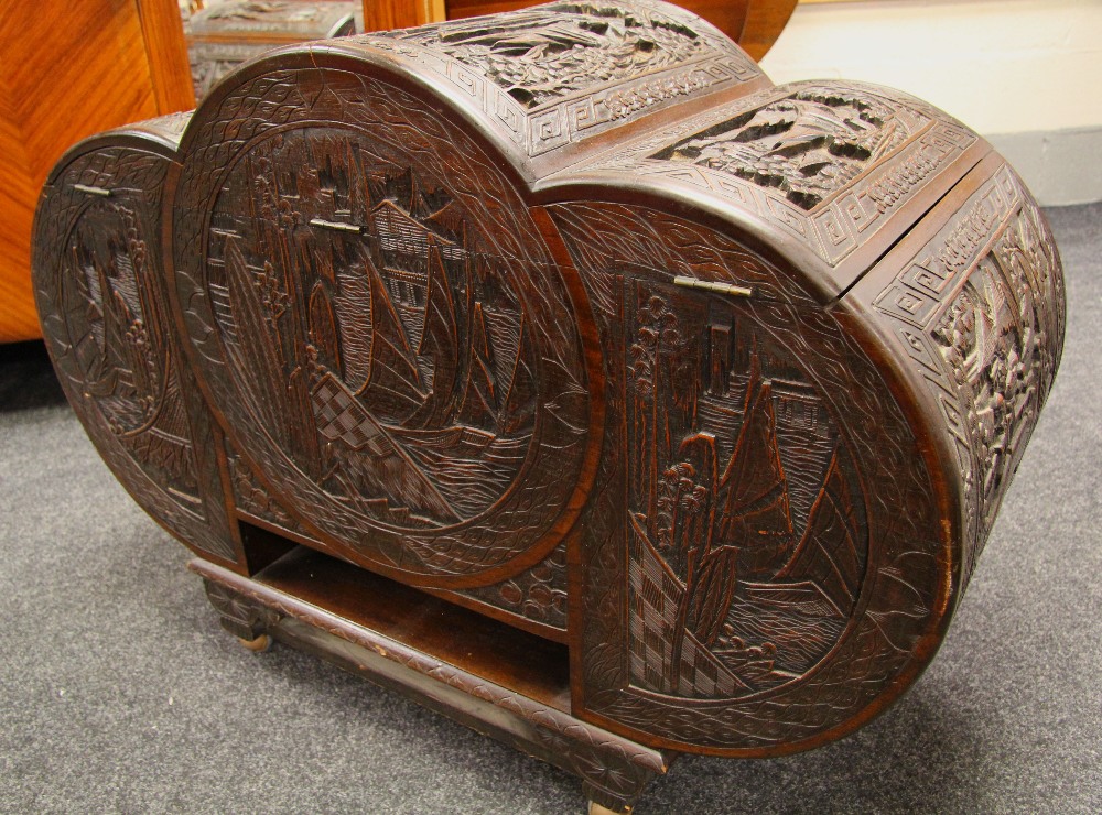 A GOOD CAMPHORWOOD ORIENTAL CHEST of tri-form and having deeply carved panels depicting sailing - Image 5 of 5