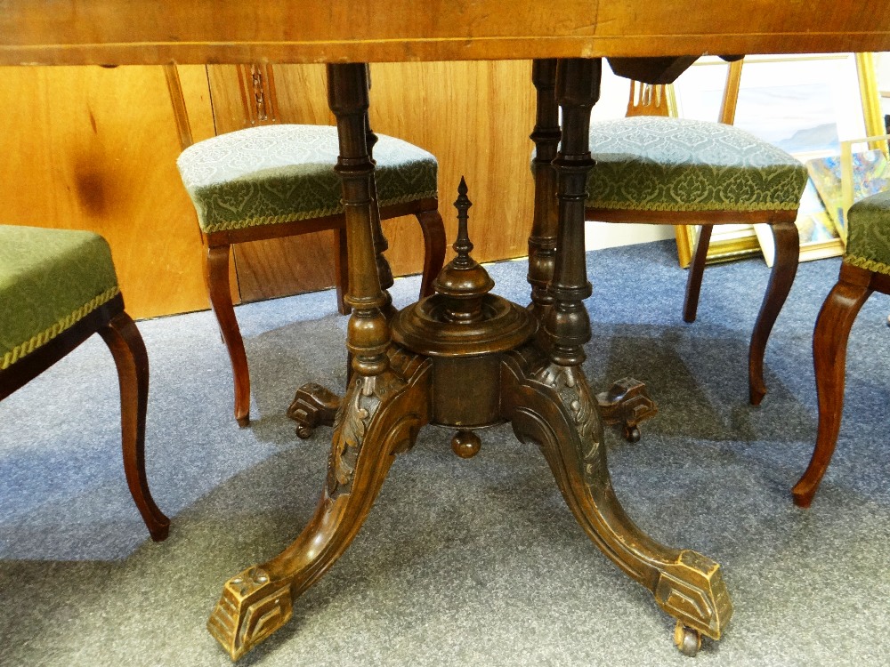 ANTIQUE OVAL MARQUETRY BREAKFAST TABLE together with four antique inlaid mahogany dining chairs - Image 2 of 3