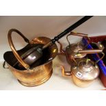 TWO COPPER KETTLES, COPPER COAL SCUTTLE and a bedwarming pan