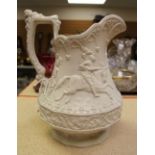 A PARIAN JUG the body depicting a relief tournament scene with jousting competitors, marked for