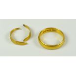 22 CARAT YELLOW GOLD WEDDING BAND together with another (as found) 7.7 grams overall (2)