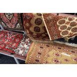 FIVE SUNDRY PERSIAN PRAYER MATS including a good medallion design brown ground carpet 169 x 95cms