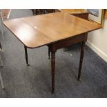 AN ANTIQUE DROP FLAP TABLE having single end-drawer on four turned corner supports with brass