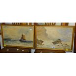 J FAULKNER watercolours, a pair - coastal-scenes, one with sail-boat, signed, 29 x 44cms