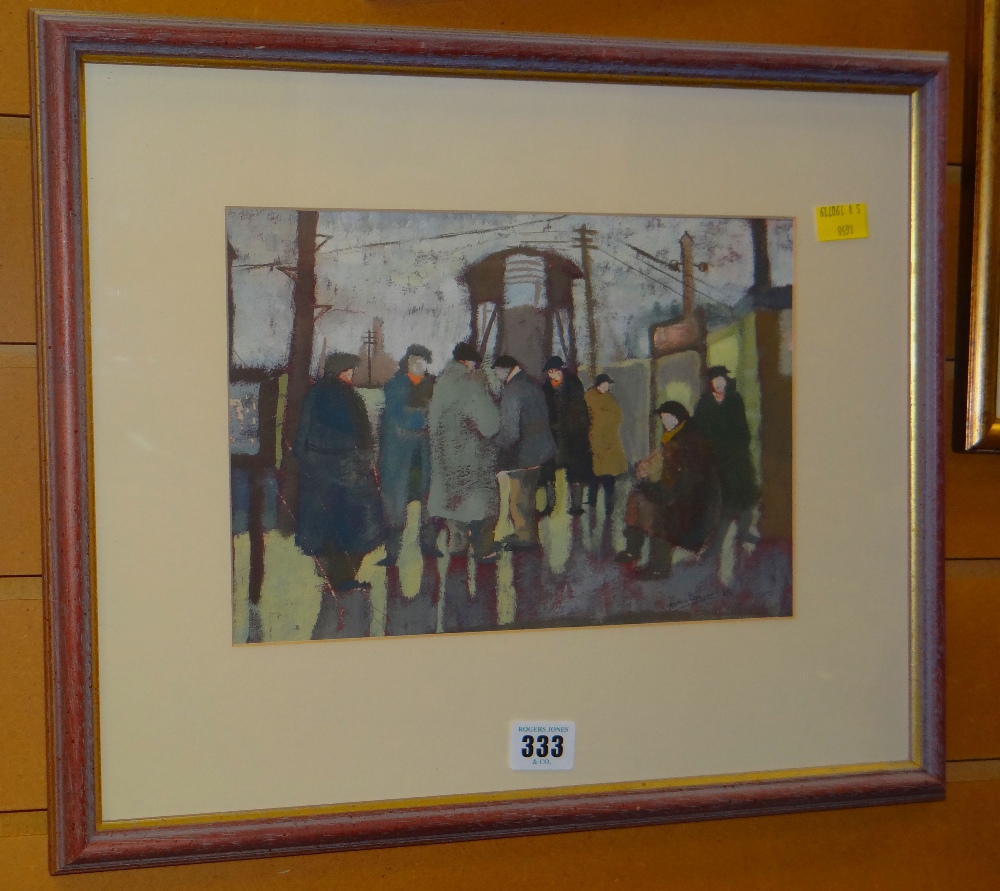 J BEYNON gouache on paper - figures entitled verso 'Strike Queue', signed and dated 1962, 19 x 26.