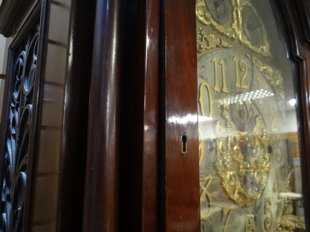 A GOOD EDWARDIAN INLAID MAHOGANY LONGCASE CLOCK having a filigree brass and silvered dial bearing - Image 20 of 20