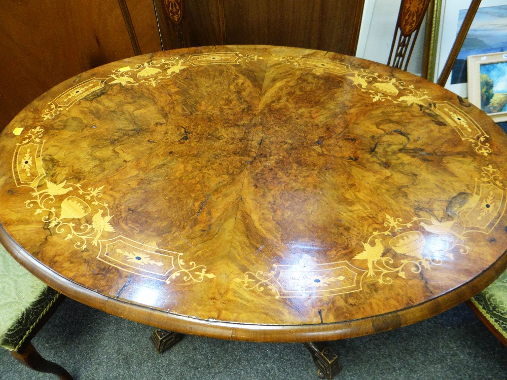 ANTIQUE OVAL MARQUETRY BREAKFAST TABLE together with four antique inlaid mahogany dining chairs - Image 3 of 3