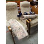 PAIR OF FLORAL PATTERNED MODERN ARMCHAIRS & THREE CHINESE WASHED RUGS