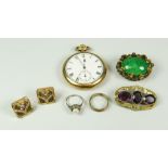 SMALL PARCEL OF JEWELLERY to include Elgin gold plated pocket watch, bar brooches, clip earrings and