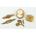 JEWELLERY COMPRISING 9 CARAT GOLD CAMEO BROOCH, two 9 carat gold bar brooches, 9 carat gold heart
