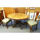 ANTIQUE OVAL MARQUETRY BREAKFAST TABLE together with four antique inlaid mahogany dining chairs