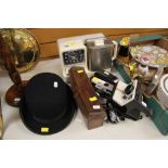 A RETRO TEAS-MAID, case of cut-throat razors, cameras, bowler hat ETC