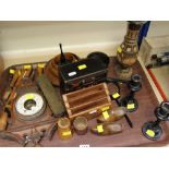 PARCEL OF MIXED WOODEN ORNAMENTS including barometer, bowls, candleholders ETC