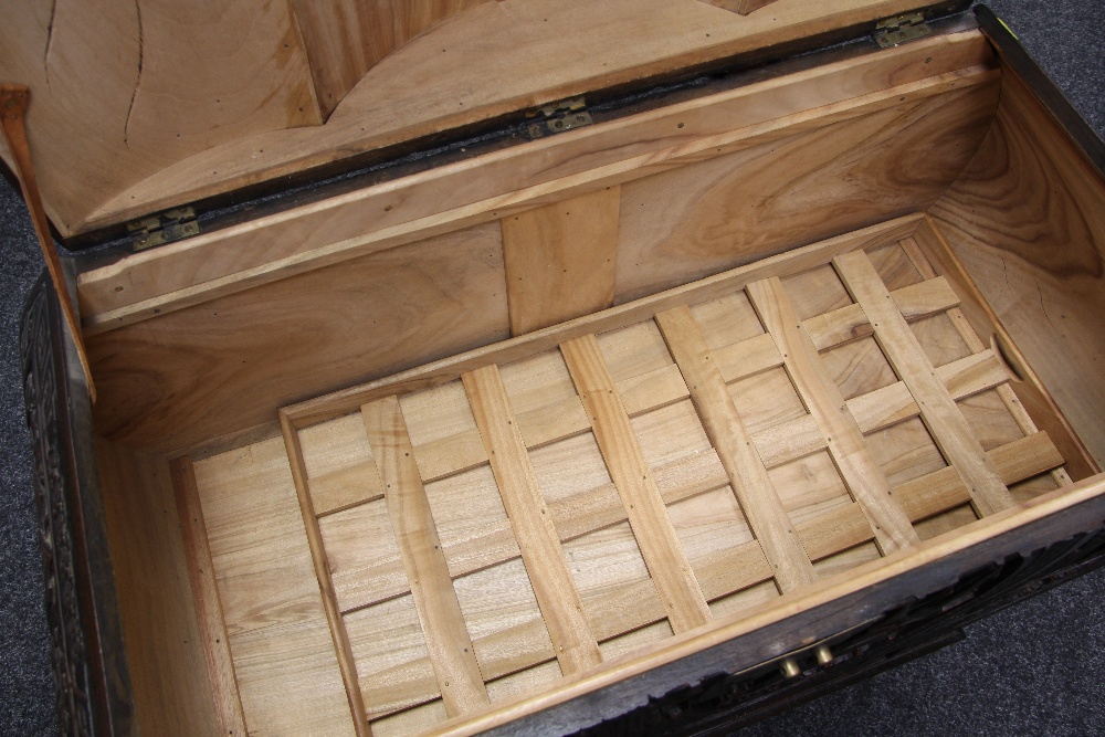 A GOOD CAMPHORWOOD ORIENTAL CHEST of tri-form and having deeply carved panels depicting sailing - Image 4 of 5