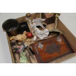 COLLECTABLES, A TRAY FULL to include pair of brass dwarf candlesticks, specimen paperweight,