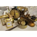 A PARCEL OF METALWARE INCLUDING set of scales, weights, pestle and mortar ETC