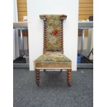 19TH CENTURY BARLEY TWIST AND TAPESTRY PRIE-DIEU CHAIR with believed original upholstery having