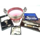EPNS & CRANBERRY GLASS PEDESTAL BOWL together with various cased vintage cutlery items