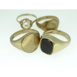 FOUR 9CT YELLOW GOLD RINGS comprising three signet rings and a ladies ring set with single pearl,