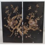 PAIR OF JAPANESE MEIJI PERIOD MOTHER OF PEARL AND IVORY COLLAGES on black lacquer panels,