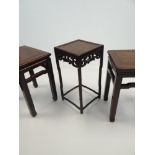 PAIR OF CHINESE HARDWOOD COFFEE TABLES & SIMILAR SQUARE STAND, 41cms wide (2x) and 28cms x 28cms
