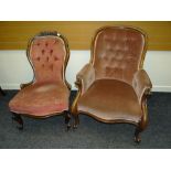 TWO ANTIQUE BUTTON BACK SPOON SHAPED CHAIRS in similar pink upholstery