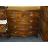 CROSS-BANDED MAHOGANY BOW-FRONT CHEST of three long and two short drawers and with brass handles and