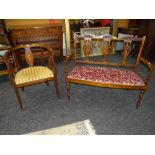 EDWARDIAN INLAID MAHOGANY TUB TYPE CHAIR with stripy upholstered seat; together with a two seat