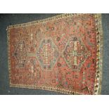 HAND WOVEN WOOL IRANIAN RAMEZANI SHIRAZ WOOLEN RUG in pale red and blue ground, decorated with
