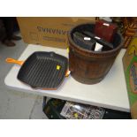 PARCEL OF MIXED ITEMS including Le Creuset griddle pan, vintage barrel type planter, barometer ETC