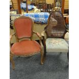 FRENCH STYLE SALON ELBOW CHAIR together with a vintage cane-work chair