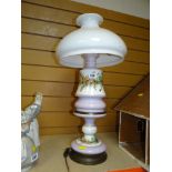PAINTED ANTIQUE MILK GLASS OIL LAMP AND SHADE