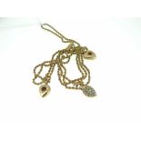 BELIEVED GOLD ROPE TWIST NECKLACE with three suspended heart shaped pendants adorned with seed