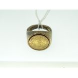 TURKISH GOLD KURUSH COIN, mounted within a yellow metal ring setting, coin diameter 1.4cms (please