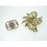 TWO 9CT YELLOW GOLD BROOCHES comprising antique style seed pearl and amethyst set brooch / pendant