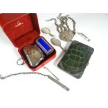 SILVER / WHITE METAL COLLECTABLES including silver purse, EPNS belt, Continental silver whistle,