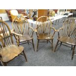 SET OF FOUR WHEEL BACK & SPINDLE BACK ARM CHAIRS
