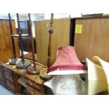 FOUR VARIOUS VINTAGE WOODEN STANDARD LAMPS & SHADES one with centre shelf