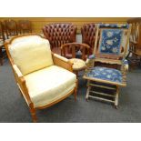 THREE CHAIRS COMPRISING LIGHT OAK AMERICAN ROCKING CHAIR a reproduction Verger French style salon